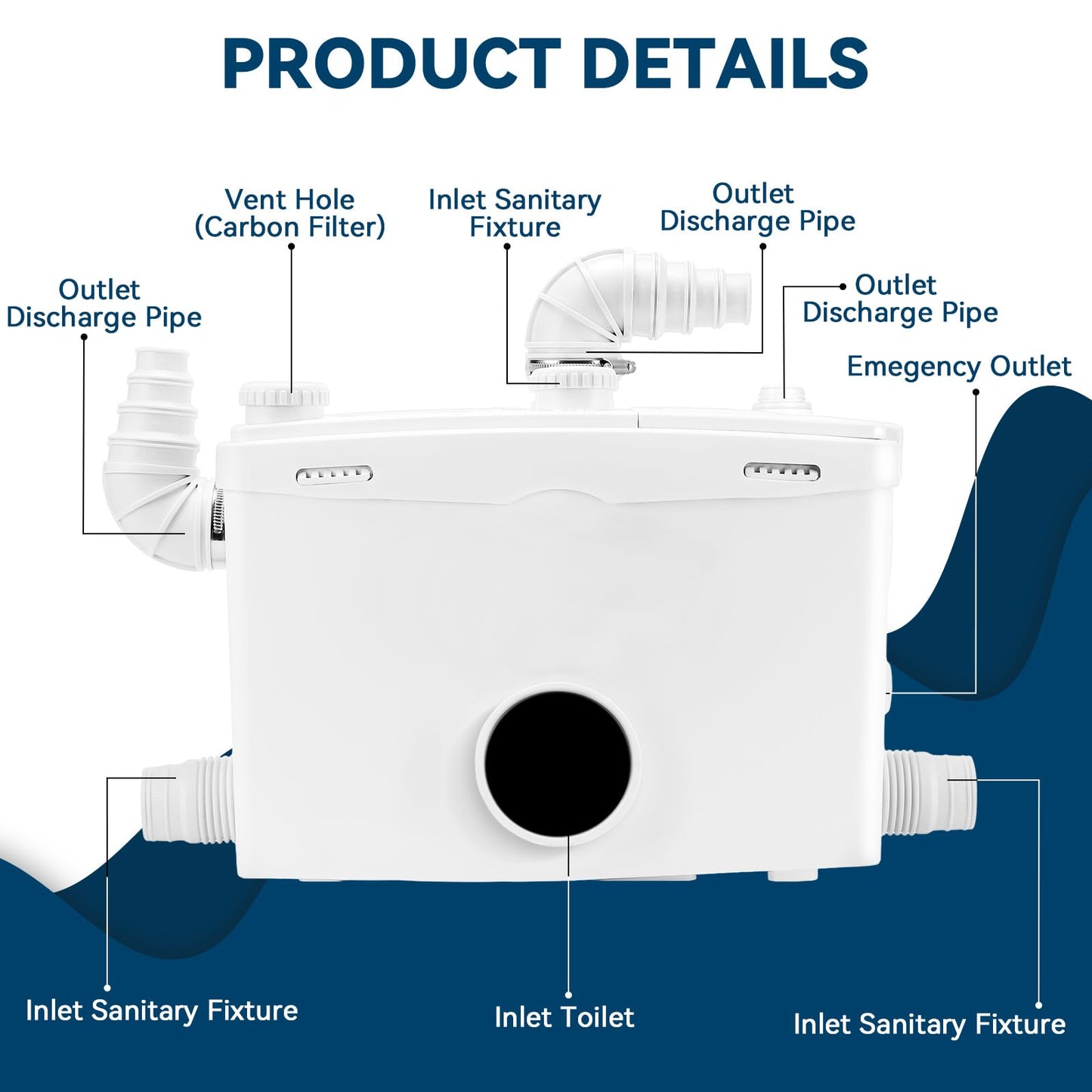 1500W Macerator Pump for Conventional Toilet with A Bottom Outlet Toilet Pump Upflush to 32.8FT 2800GPH Utility Sink Pump 4 Water Inlets 2 Outlets Macerating Toilet System for Toilet Shower Kitchen