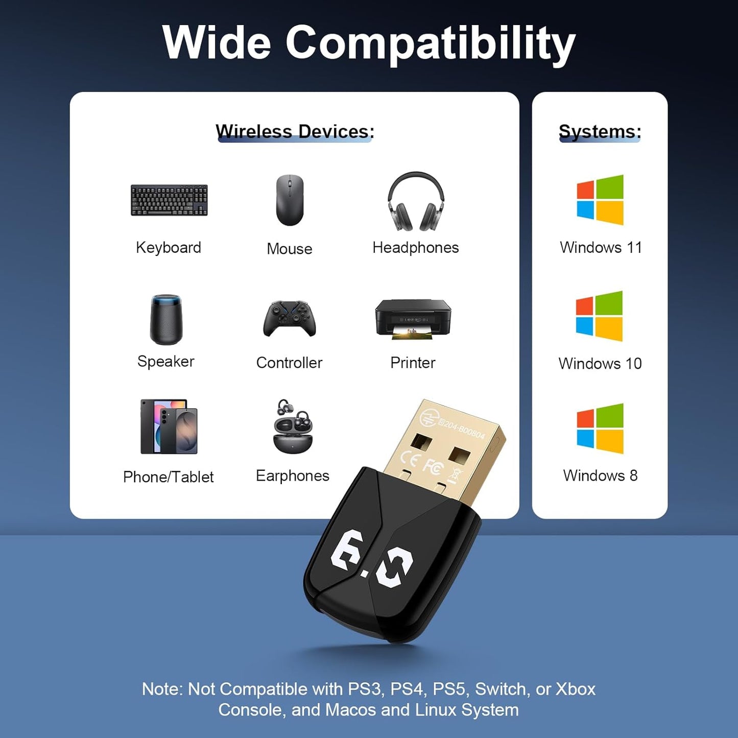 Radidi 6.0 11/10/8.1, USB Bluetooth Adapter for PC, Bluetooth Dongle Receiver EDR & BLE, Plug & Play for Windows