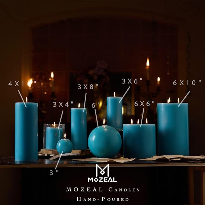 MOZEAL 3" x 6" Hand-Poured Unscented Candle,Dripless Pillar Candle Set of 3,Long Lasting Burning,Approx 120 Hours Burn Time,Rustic Country Style,for Wedding,Dinner,Christmas and Home Decor,Turquoise