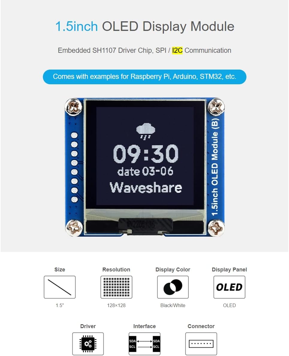 waveshare 1.5inch 128128 I2C STM32,SH1107 OLED Display Module Resolution OLED Screen for Raspberry Pi, Arduino, Driver