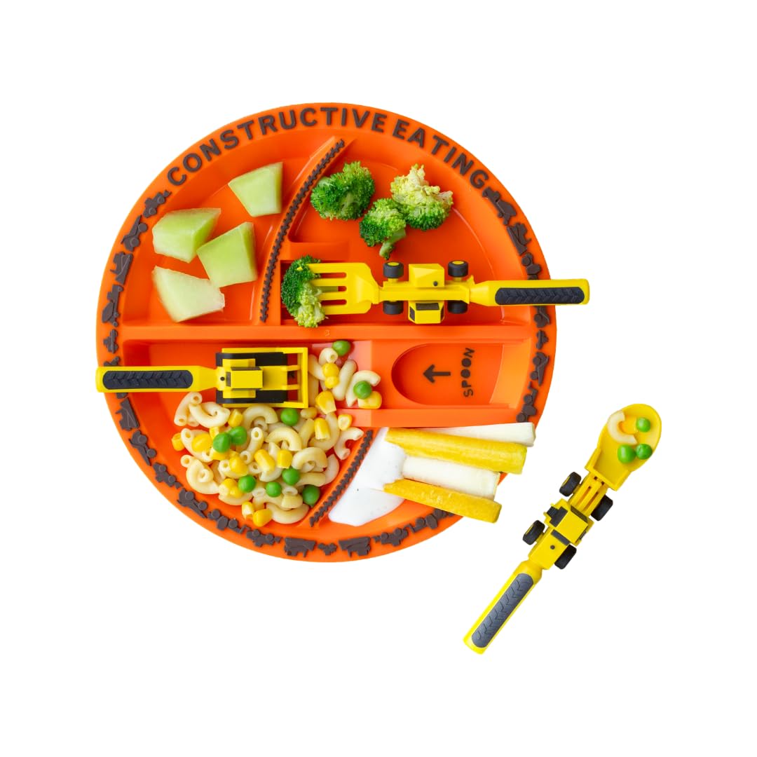 Constructive Eating Made in USA Toddler Eating Set: Kids Placemats for Dining Table with Plate & Utensils, Gifts for 2 Year Old, Toddler Forks and Spoons for Picky Eater (Construction)