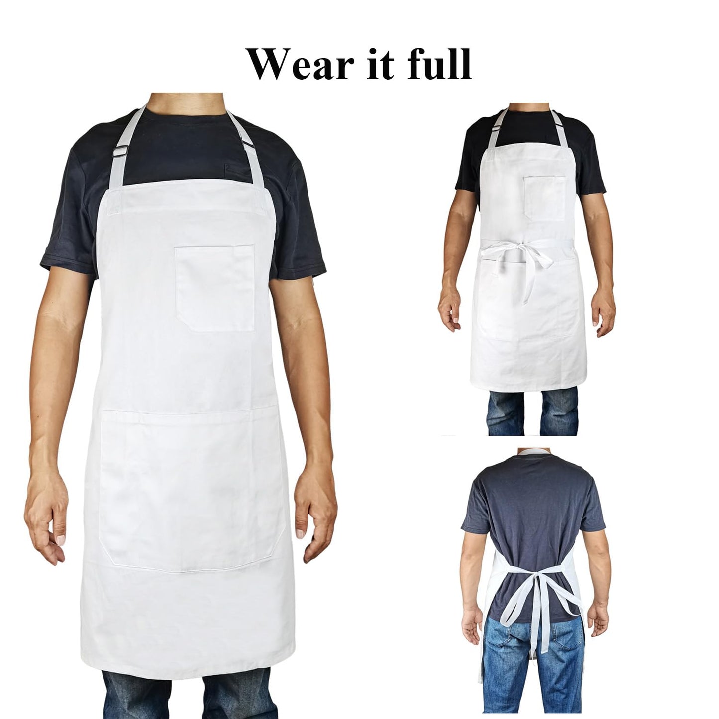 DCCPAA 100% Cotton Professional Grade Chef Apron for Cooking,Kitchen,BBQ, Grill and Hobby and Work for Men and Women gifts -White-5 Pockets-updated