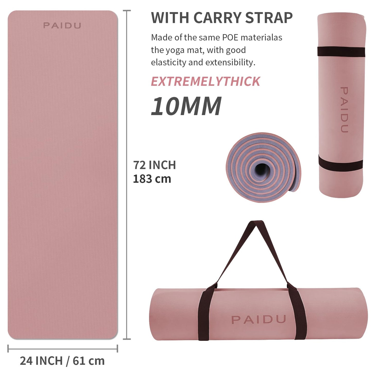 PAIDU Yoga Mat Non Slip Anti-tear,extra thick-2/5 inch（10MM）High Resiliency Professional POE Yoga Mats for Women Men Kids,72"x24"inch,Workout, Yoga, Pilates and Floor Exercise, with Carrier Strap