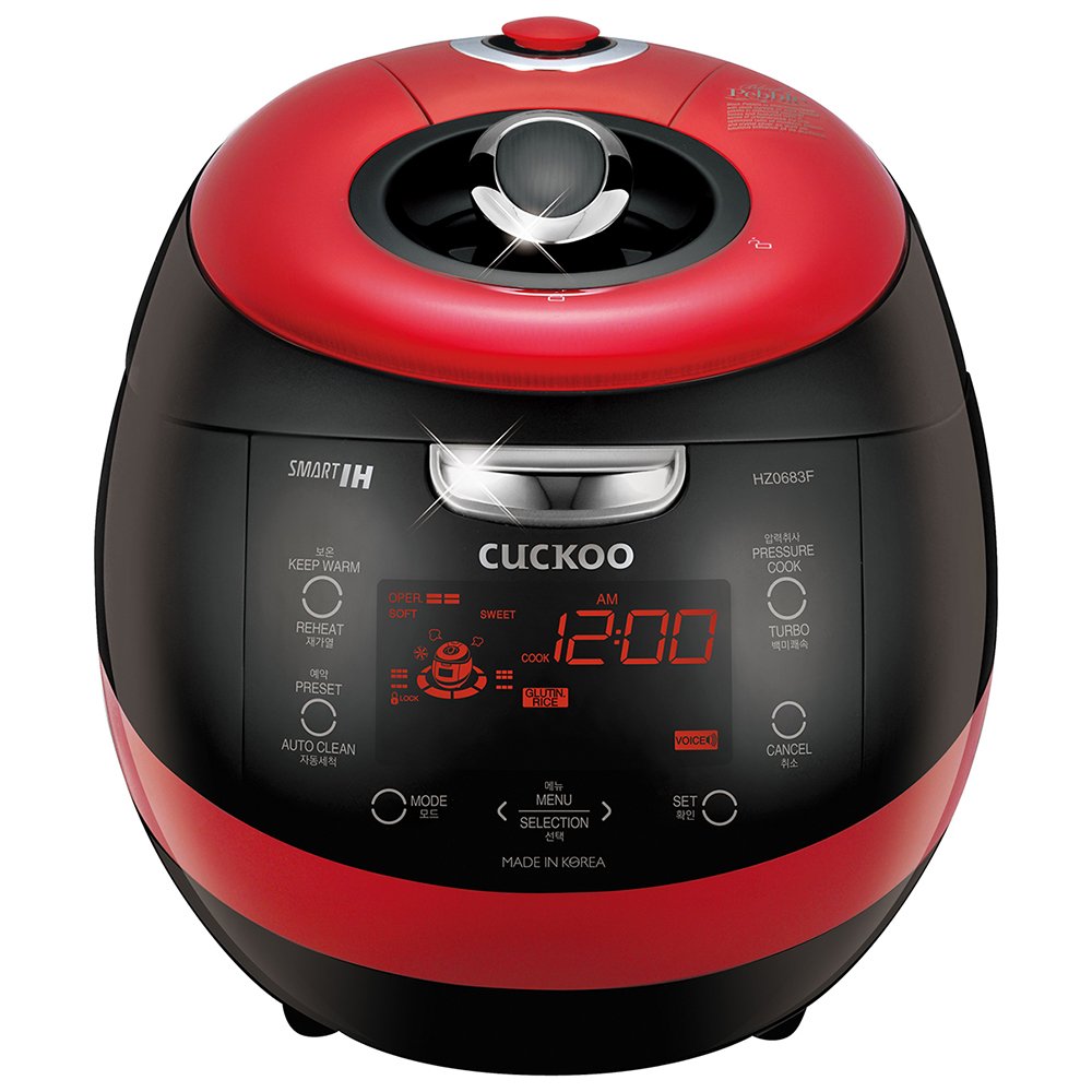 CUCKOO IH Pressure Rice Cooker 16 Menu Options: White, Brown, Porridge, Sushi, & More, LED Screen, Fuzzy Logic Tech, 26 PSI (Pressure), 6 Cups / 1.5 Quarts (Uncooked) CRP-HZ0683FR Red/Black