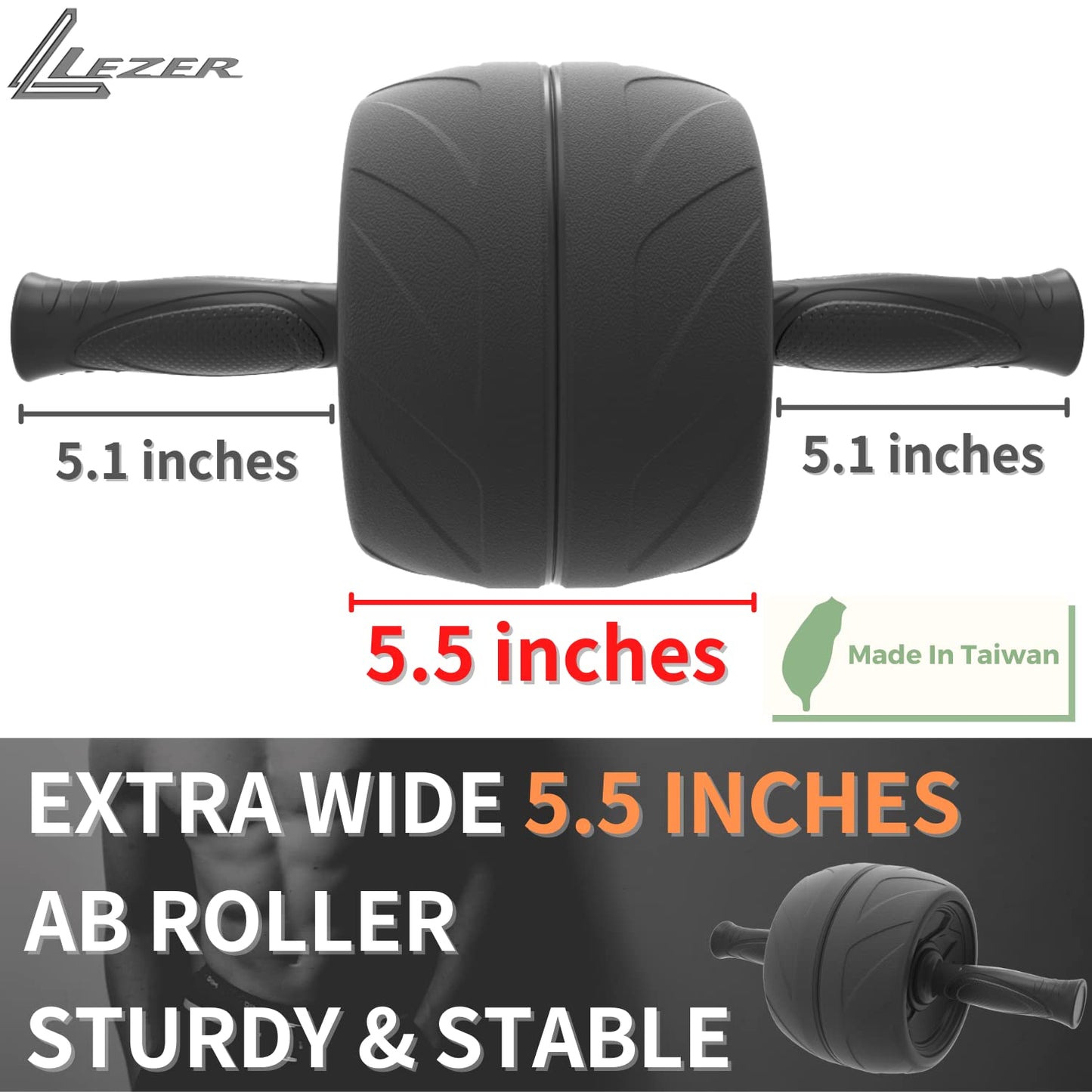 LEZER Ab Roller Wheel, Abdominal Workout, Extra Wide 5.5", Exercise Wheel, Home Gym Fitness Equipment, Core Strength, Muscle, Thick Knee Pad, Made In Taiwan Black