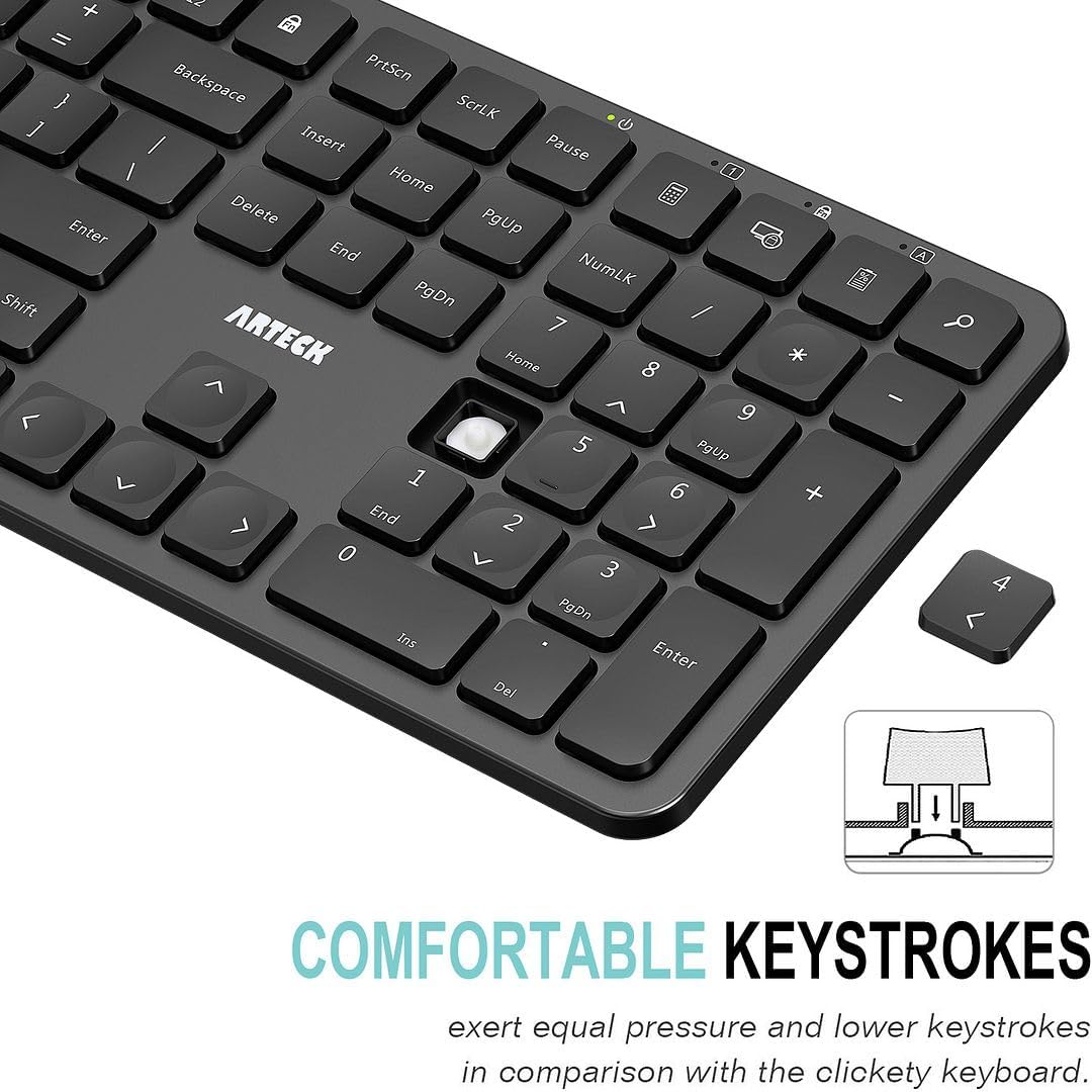 Arteck 2.4G 11/10 USB Wireless Keyboard Ultra Slim Full Size Keyboard with Numeric Keypad and Media Hotkey