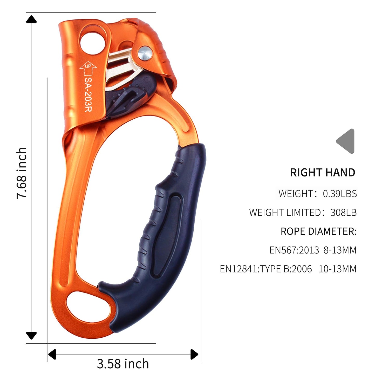 S.E.PEAK UIAA & CE Certified Climbing Rappelling Equip Hand Ascender for 8-13mm Rope Right Hand Orange