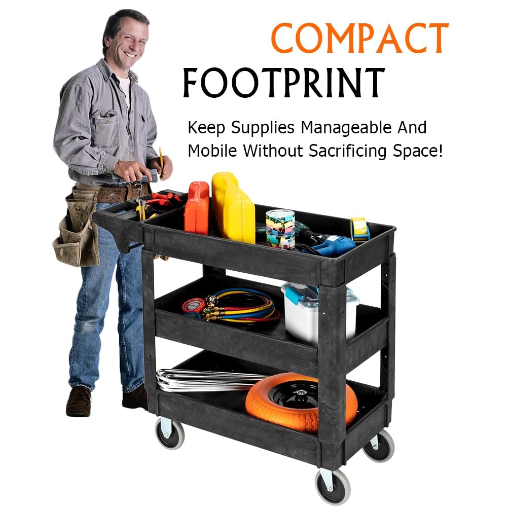 LEADZM 3-Shelf Plastic Service Utility Cart, Steady & Durable Tub Cart with Deep Shelves, Large Capacity, Multi-Function Handle Storage and 360°Flexible Wheels with Braker, Great for Warehouse/Garage