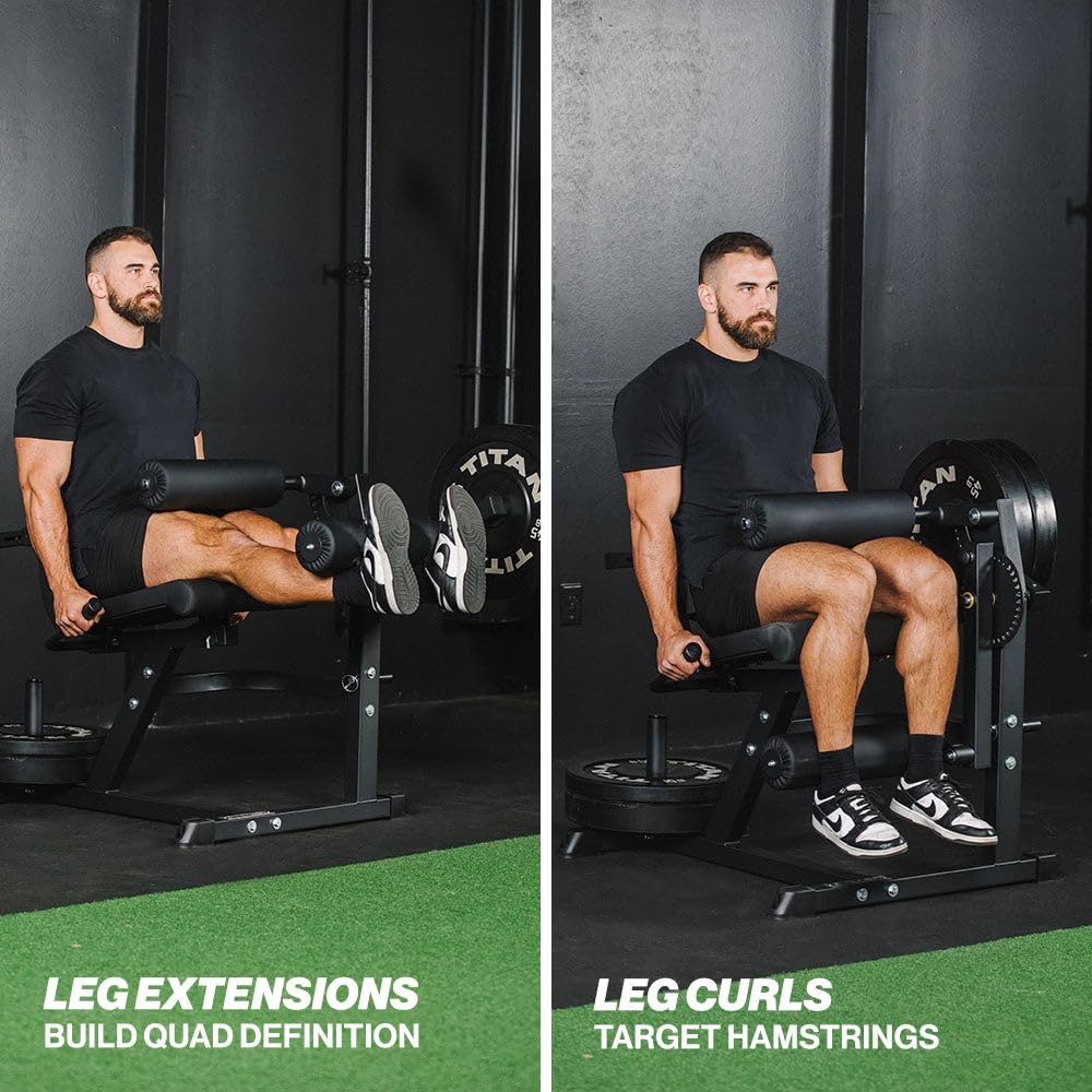 Titan Fitness Plate-Loaded Adjustable Leg Extension and Curl Machine, Rated 300 LB, Lower Body Specialty Machine for Extension and Curls, Muscle Focus on Thigh, Quads and Hamstrings
