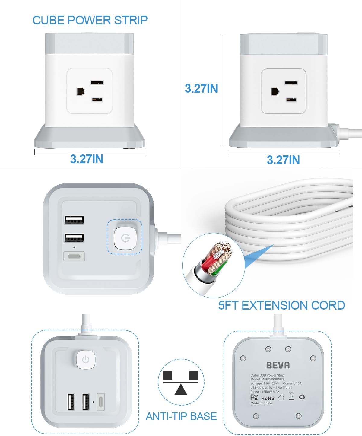 BEVA 5ft 4 3 Power Strip with USB - Long Extension Cord Desktop Charging Station, Power Strip Cube with Outlets and USB