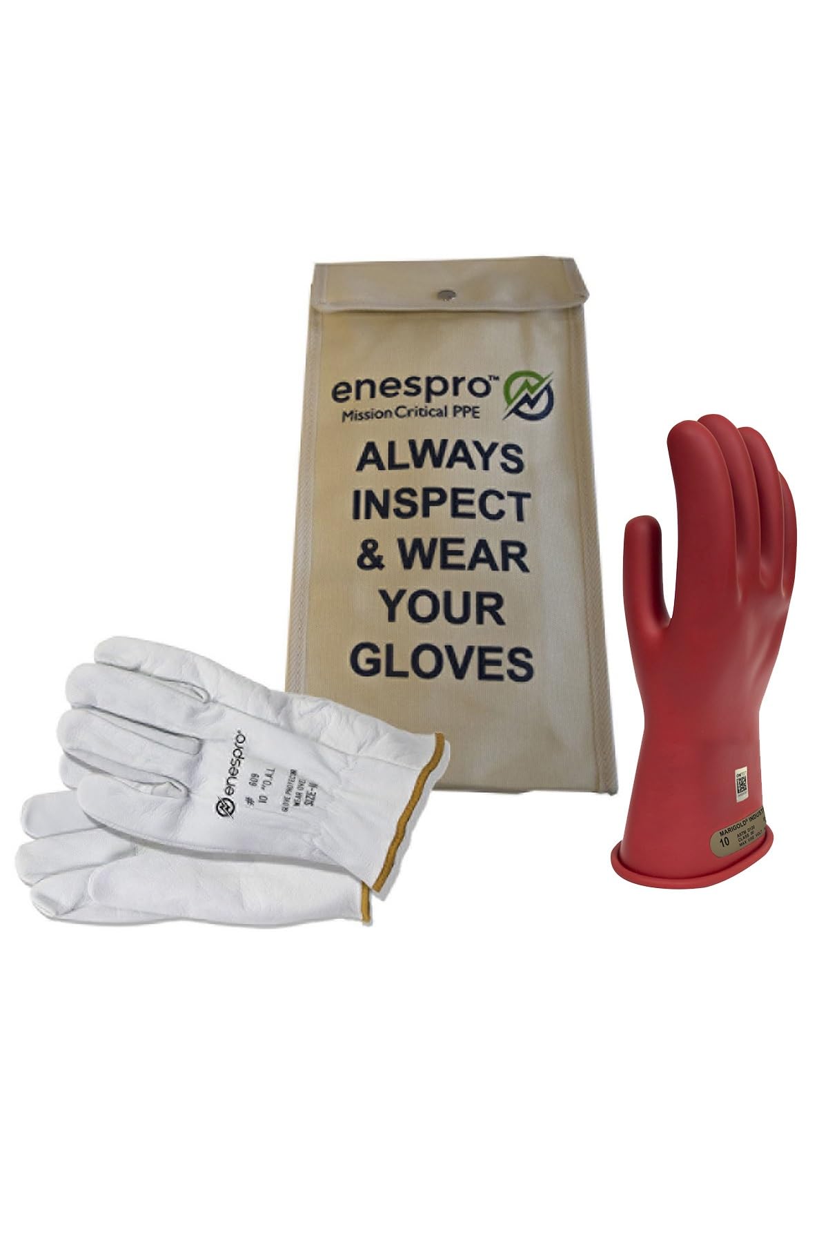 Enespro Class 00 Electrical Gloves Kit, 500V AC / 750V DC Red Insulated Rubber Gloves with Leather Protectors, Electrical Work Gloves for Linemen, and Utility Workers