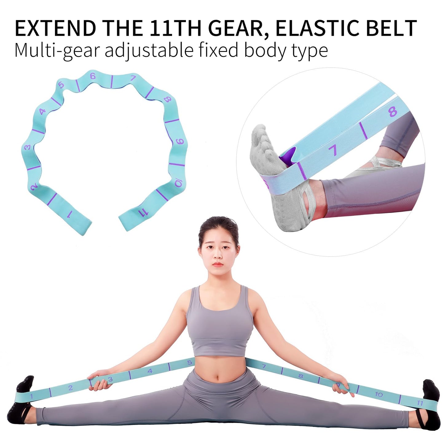 Elastic Stretching Strap with 11 Loops, Adjustable Yoga Strap for Stretching, Physical Therapy, Pilates, Dance, Ballet, Hamstring Stretcher – Non-Slip Fabric Stretch Band for Home Flexibility Workout (Blue)