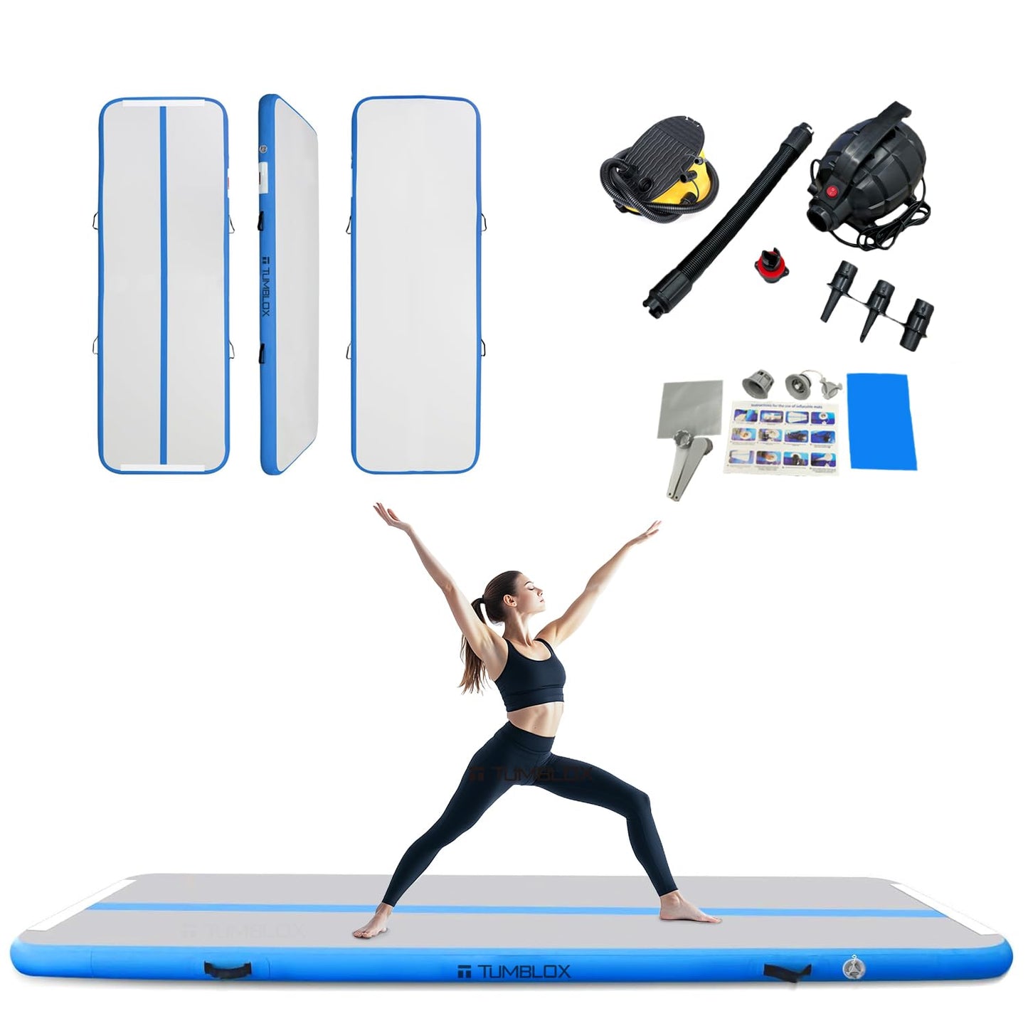 TUMBLOX Air Gymnastics Mat Inflatable & Tumbling Mat – 4/8 Inches Thick with Electric Pump + Free Foot Pump – Ideal for Home, Gym, Water, and Beach Use (Blue, 10ft*3.3ft*4in(3 * 1 * 0.1m)