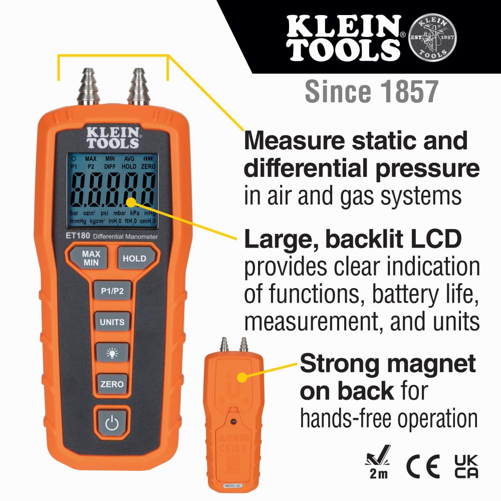 Klein Tools 80142 Gas Leak Detector Kit, Combustible Gas Detector and Digital Manometer HVAC Pressure Tester, Dual-Port, 2-Piece