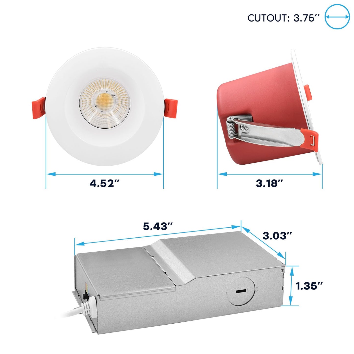 LUXRITE 6-Pack 4 Inch LED Recessed Lights with J-Box, 5CCT 2700K-5000K, 2 Hour Fire Rating, 15 Watts, 1000 Lumens, 38° Spotlight, Dimmable, IC Rated, Wet Rated, ETL - Smooth Trim