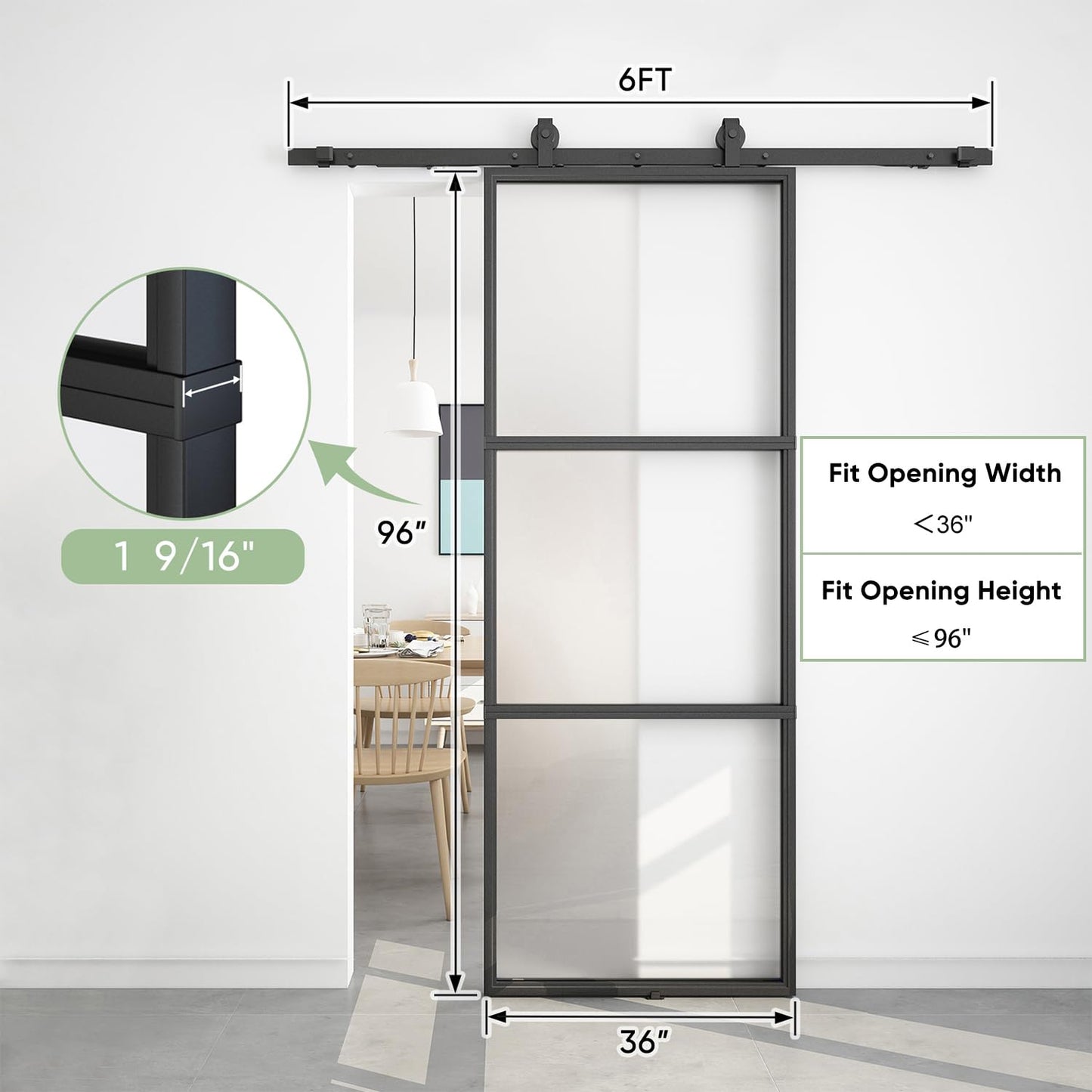 BARNSMITH 36in x 96in Frosted Glass Barn Door and 6FT Hardware kit Included, Soft Close Mechanism,Black Carbon Steel Tempered Frosted Glass Sliding Barn Door, Easy Assembly