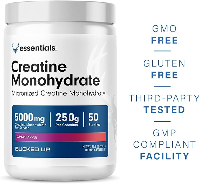 Bucked Up Grape Apple Creatine for Women and Men - Easy to Mix Vegetarian - Flavored Creatine Monohydrate Powder - Made in USA - 5G Per Serving - 50 Servings - 250 Grams Per Container