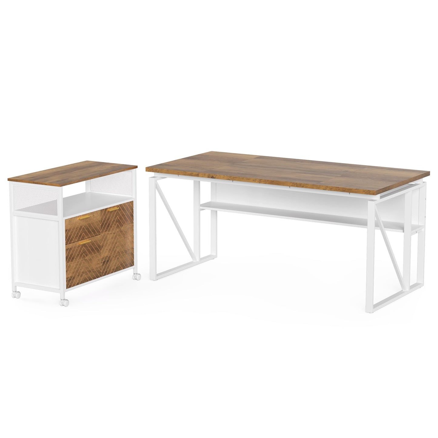LITTLE TREE 63-Inch Office Desk with 31.5-Inch Lateral File Cabinet, Study Writing Desk Computer Desk for Home Office