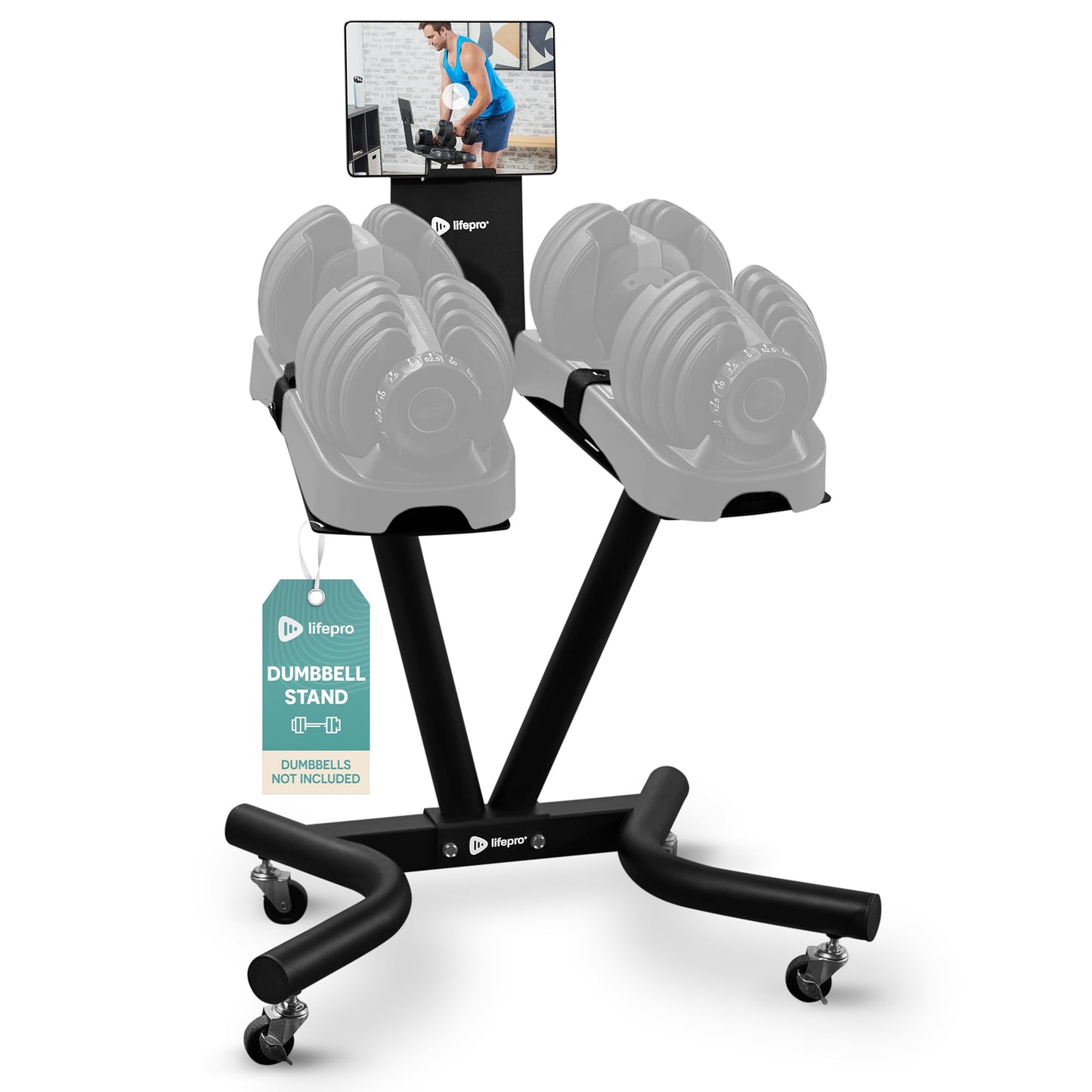 Lifepro PowerFlow Pro Stand — Adjustable Dumbbell Stand & Rack with Locking Wheels Phone/Tablet Holder — Compatible with PowerFlow Plus, PowerUp Plus & Other Brands – Smart, Space-Saving for Home Gym