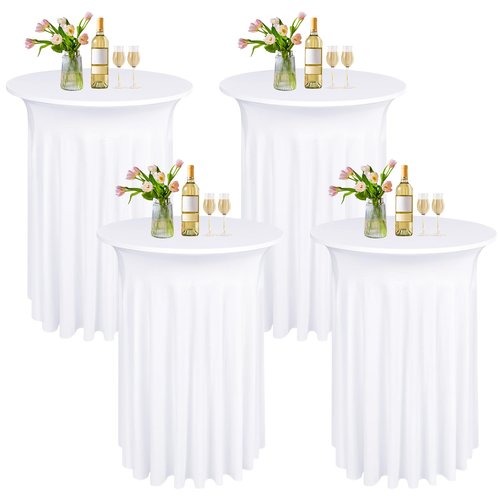 LOKUME 4 Pack Round Cocktail Table Skirts 32 x 43 Inch White Spandex Stretch Cocktail Tablecloth with Wavy Drapes Stretch Fitted Round High Top Table Covers for Wedding Bar Party Banquet
