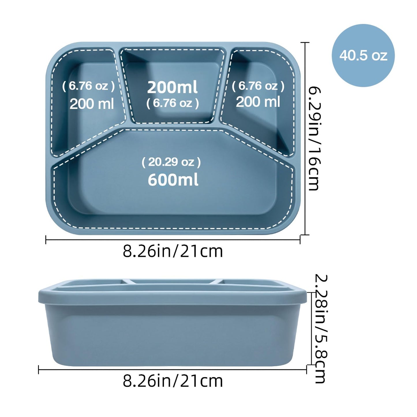 AROCFTIE Silicone Bento Box, 4 Compartment Hard-Shell Food Grade Silicone Lunch Box with Lids,40oz Leak-Proof Lunch Containers with Four Sections, Oven & Dishwasher Safe (Blue)