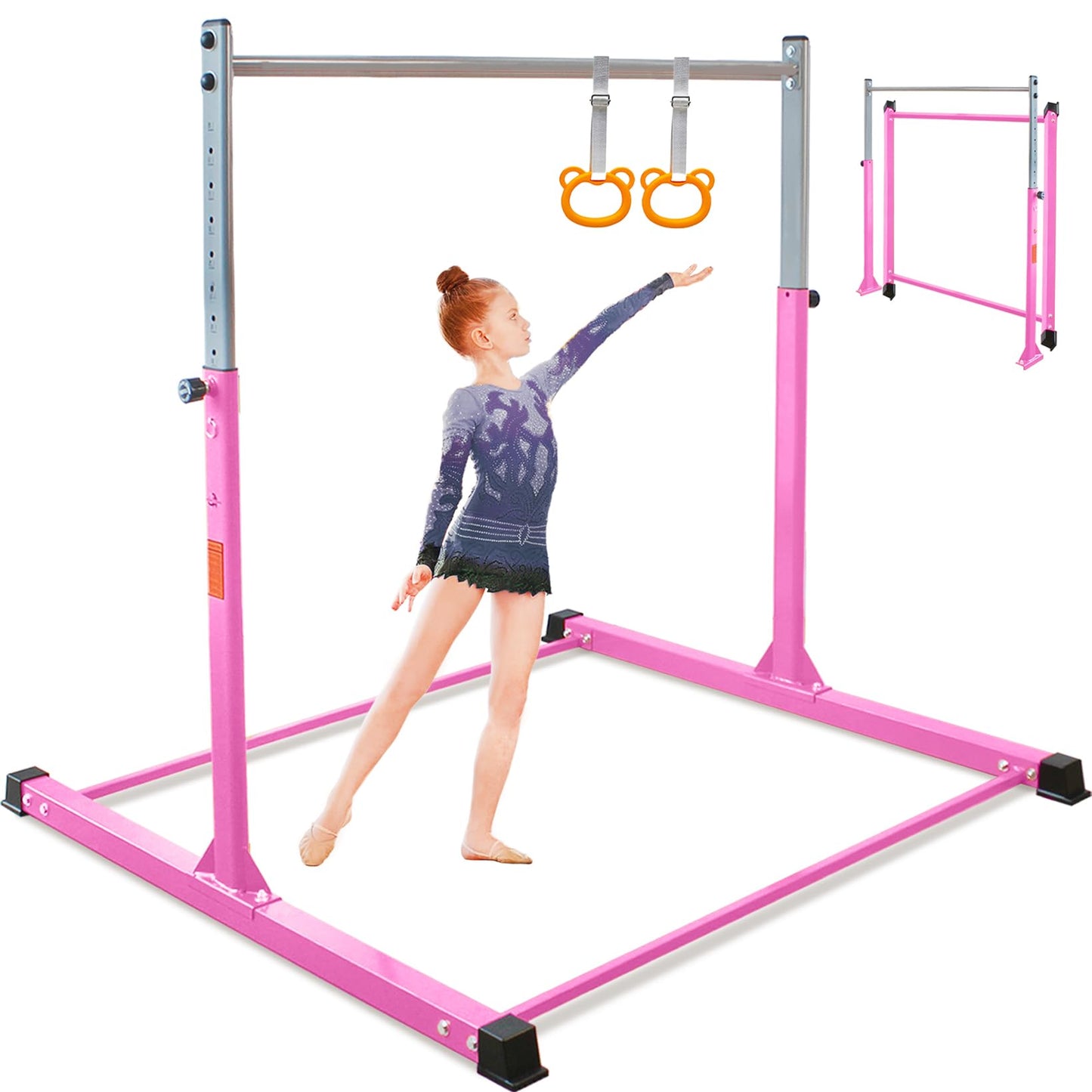 DINOFITNESS Gymnastics Bar for Kids,11 Levels Adjustable Height Gymnastics Equipment for Home,Thickened Upright Tube Gymnastic Horizontal Bars,No Wobble Gymnastics bar for Kids Ages 3-16 (Pink)
