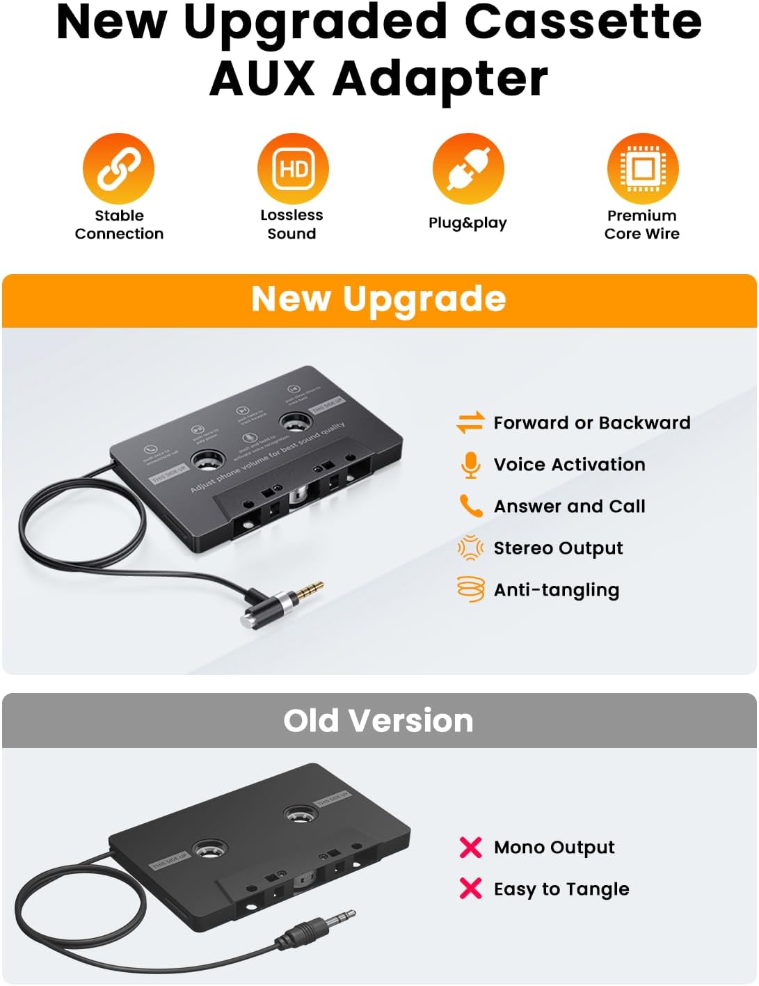 Mersoco Cassette MP3 Car AUX Adapter with Hands-Free Calling Great for Old Car Stereo Compatible with Smartphones