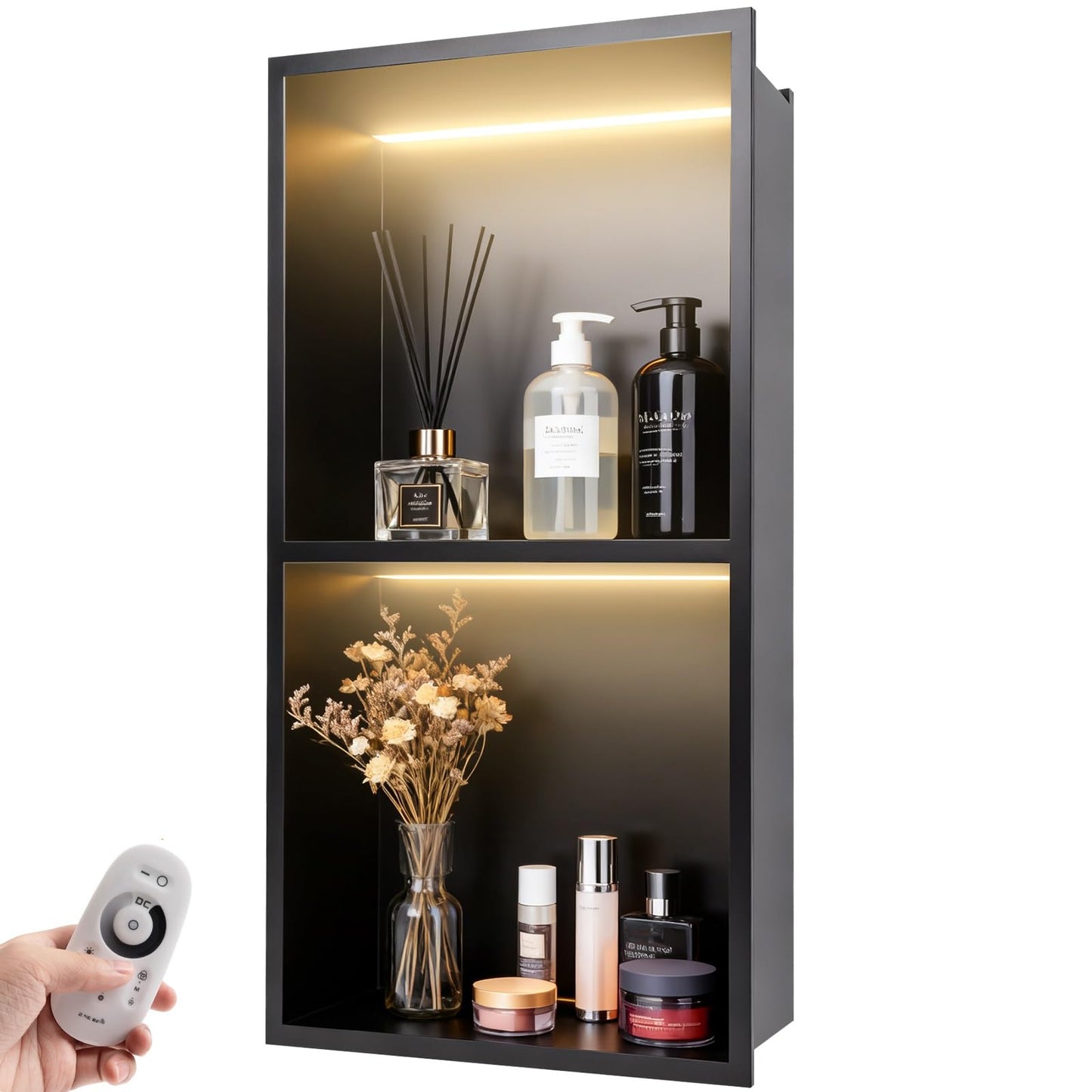 WICHEMI Shower Niche No Tile Needed for Bathroom Storage, Shower Niche LED Lights Waterproof Recessed Wall Niche 12" X 24" Double Shelves 304 Stainless Steel Bathroom Niche for Shower Wall