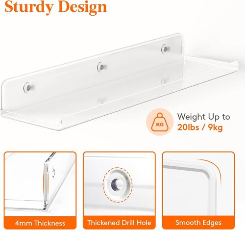 Lifewit Floating Shelves - Acrylic Wall Organizer for Bathroom & Home Decor | 14" Clear Display Rack, 4 Pack