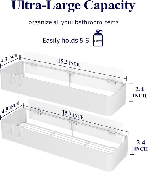 Kitsure Shower Caddy - Rustproof Metal Adhesive Organizer for No-Drill Bathroom Storage | 2 Pack, White, XX-Large