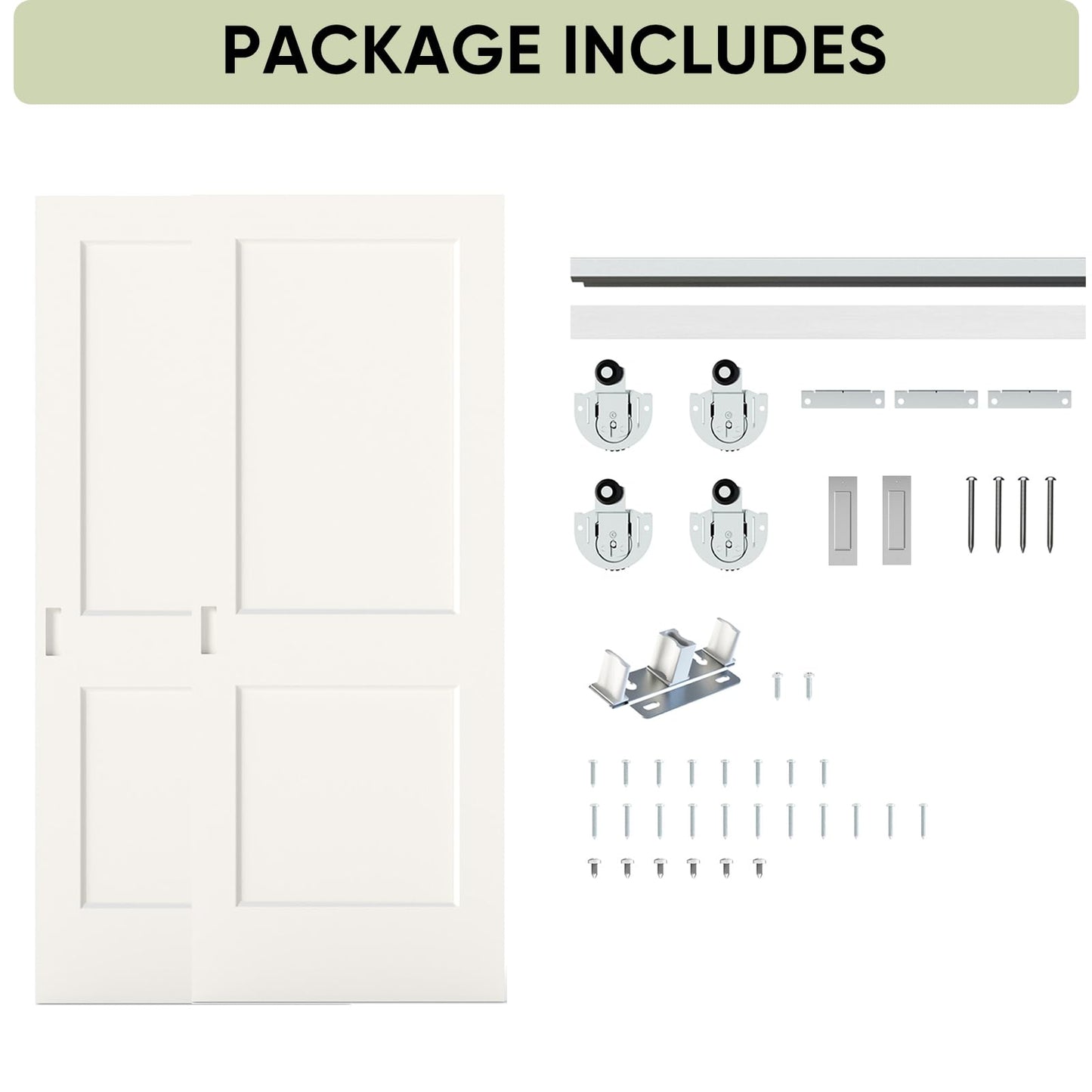 JUBEST 60in. x 80in. Bypass Closet Door, Flat 2 Panel Shaker Style White Primed Bypass Sliding Closet Door, Interior Doors with Hardware Kits Include, Pre-drilled, Paintable