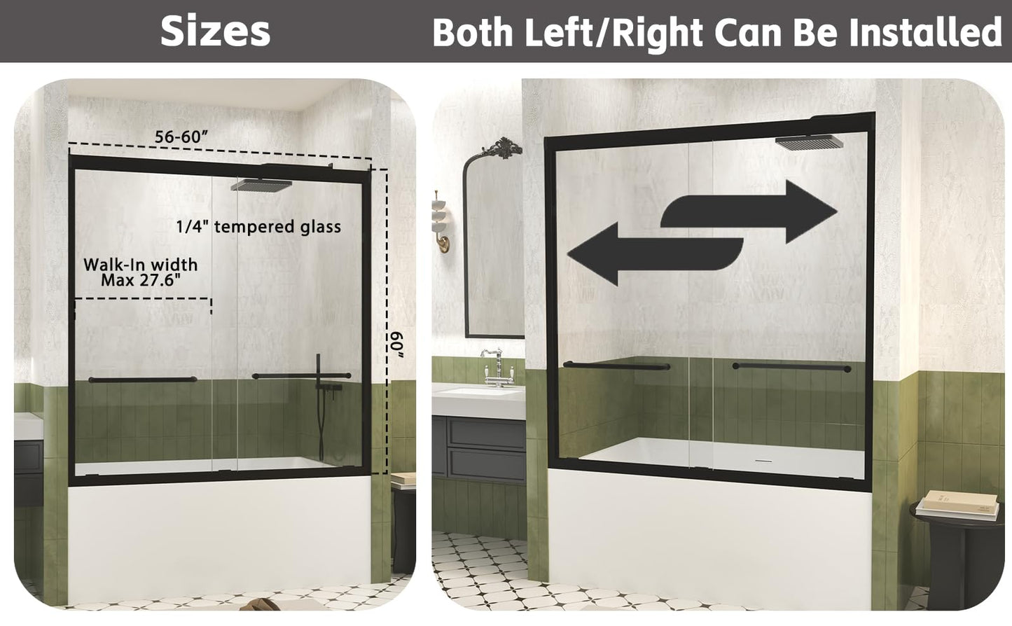 Favfurish 56-60" W×60" H Bathtub Shower Door,Aluminum Frame Double Sliding Door with 1/4 (6 mm) Tempered SCGG Glass,Explosion Proof Film,Stainless Steel Handle,2 inch Adjustment,Matt Black