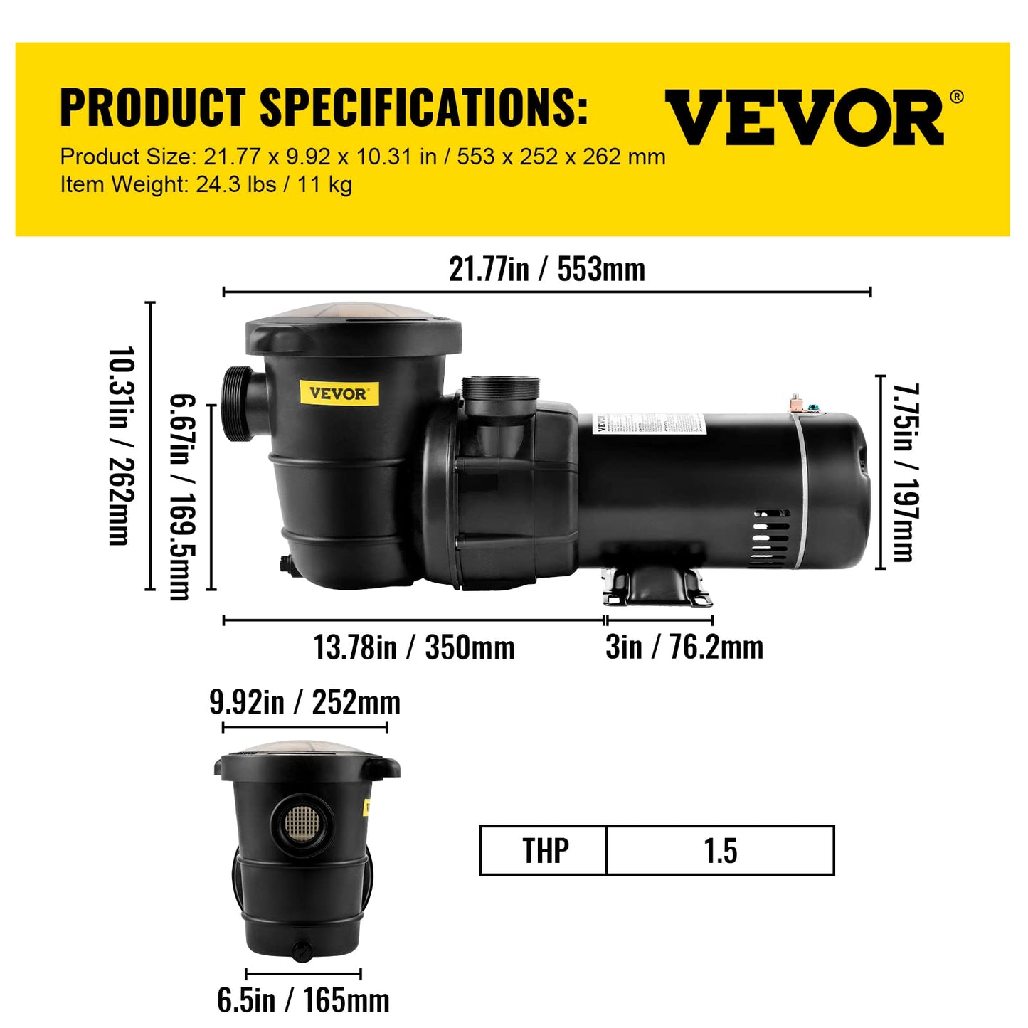 VEVOR Swimming Pool Pump, 1.5 HP 115 V, 1100 W Single Speed Pumps for Above Ground Pool w/Strainer Basket, 5280 GPH Max. Flow, Certification of ETL for Security