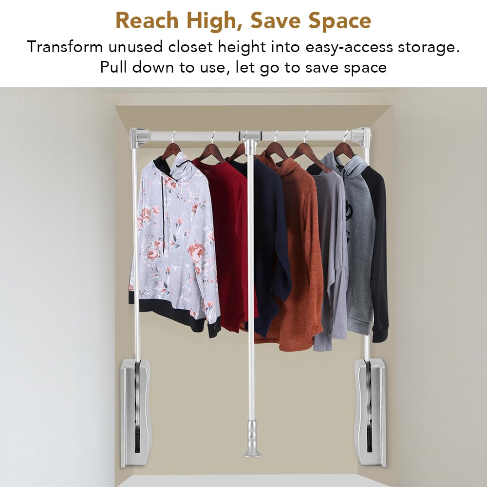 Greensen Adjustable Pull Down Closet Rod, Heavy Duty Aluminum Wardrobe Rail, Retractable Clothes Hanger Organizer, 32.7 to 45 Inches