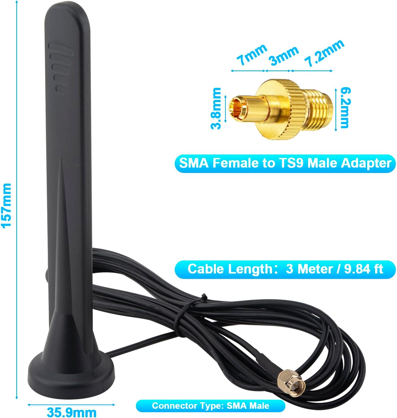Kaunosta 5G 4G TS9 15Dbi 3M 3G/4G/5G/GSM/GPRS LTE Antenna Omnidirectional Signal Amplifier SMA Connector High Gain