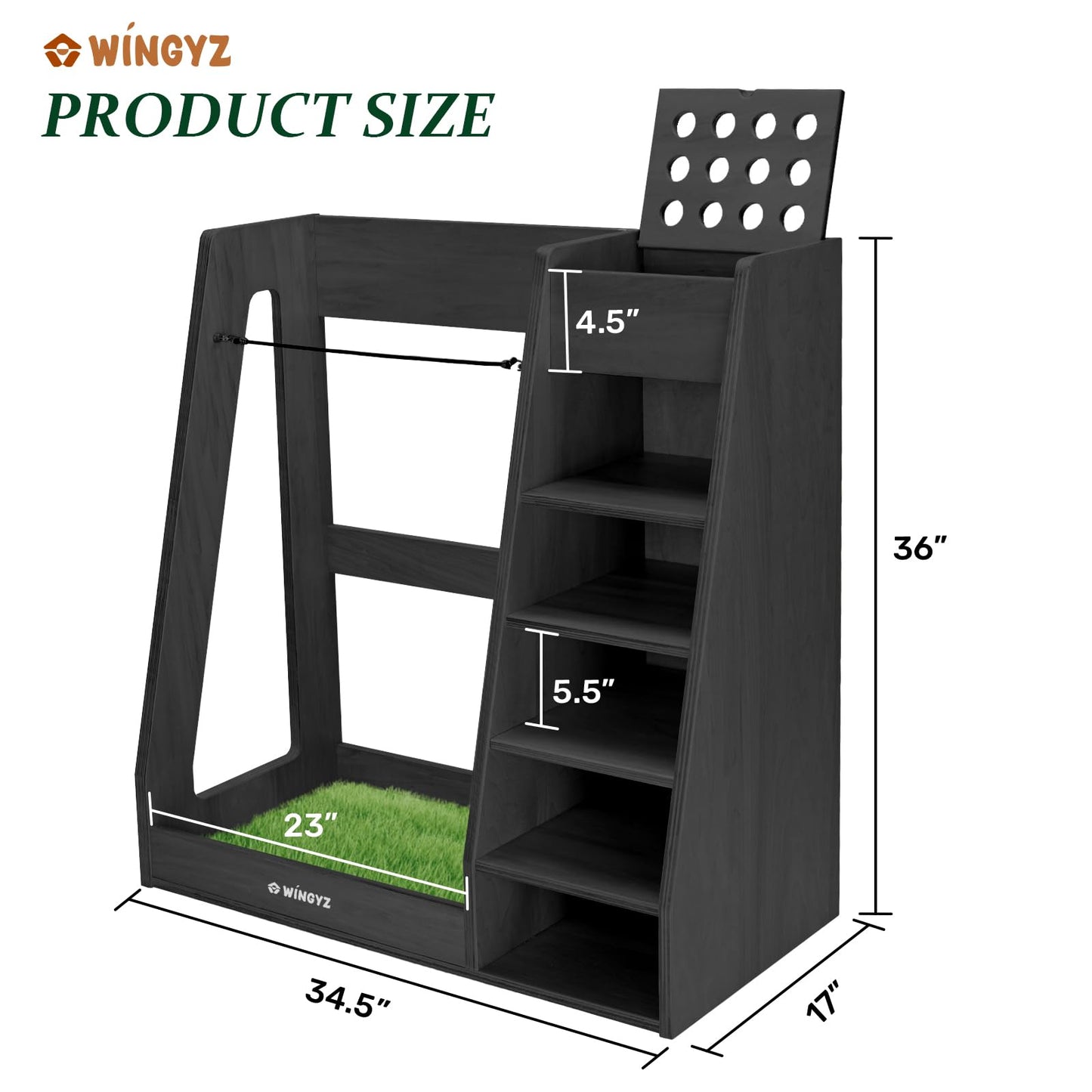 WINGYZ Premium Birch Plywood Golf Bag Storage for 2 Bags | 36lb Rock-Solid Golf Bag Organizer | 7-Shelf Command Center | Artificial Turf 12-Ball Display | No Wall Mounting Required (Black)
