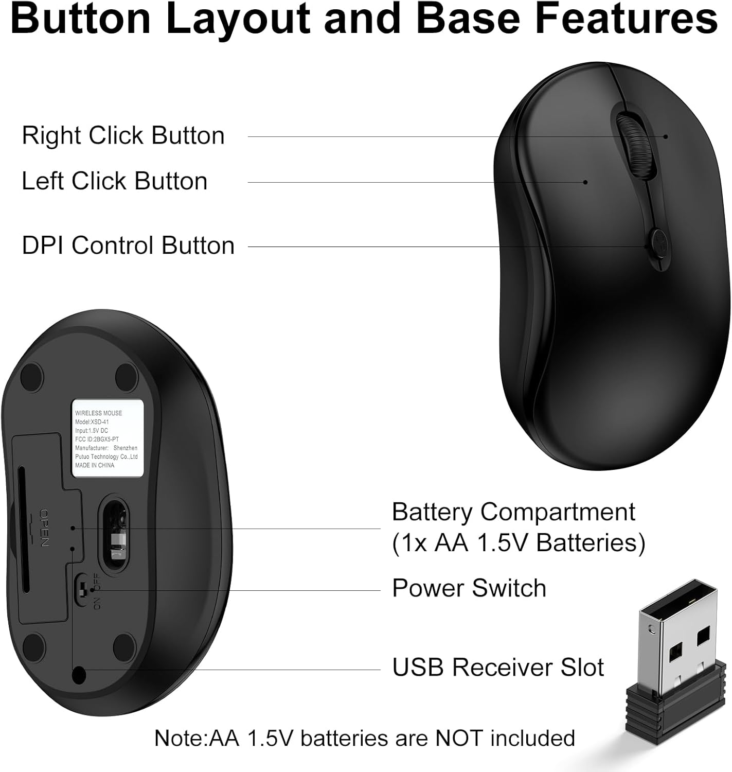 Radidi 2.4GHz 12-Month 3 800/ 1200/ 1600, Wireless Mouse for Laptop, Computer Mouse for Work, Battery Life, Adjustable