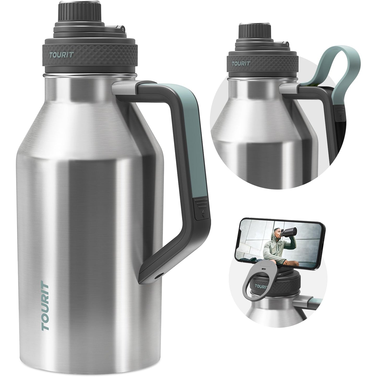 TOURIT 64oz Insulated Water Bottle Stainless Steel, Half Gallon Large Water Jug with 2-in-1 Handle, Double Wall Vacuum Metal Keep Cold & Hot, Wide Mouth Sport Water Flask For Gym, Travel, Silver