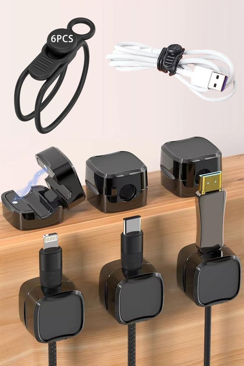 Befunu Set: 6Pcs 6Pcs Under Desk Cable Management Adhesive Magnetic Cable Clips & Silicon Cable Ties, Wire Holder