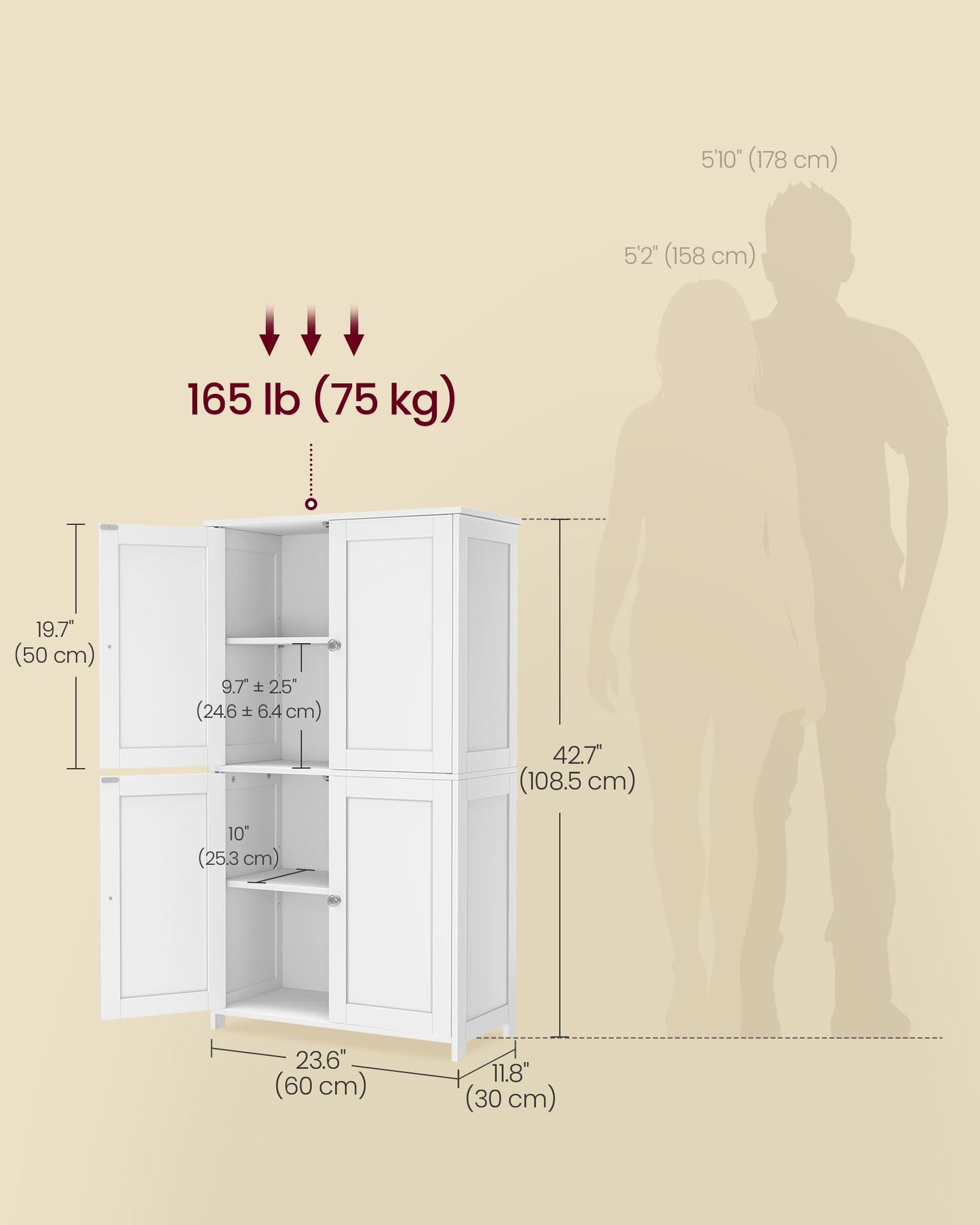 VASAGLE Floor Storage Cabinet, Shaker Cabinet with 2 Adjustable Shelves, 4 Doors, Tall Freestanding Organizer Unit, for Kitchen Bathroom Living Room, Cloud White UBBC553WH01S