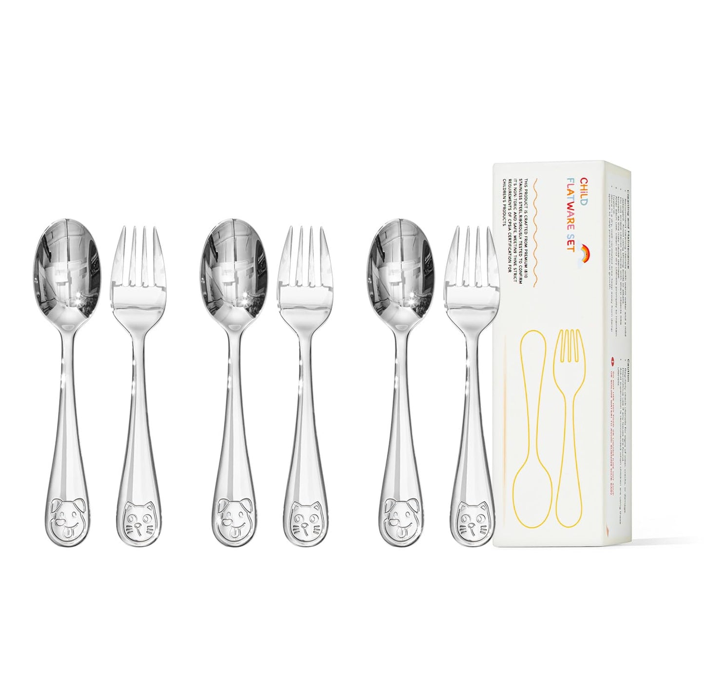KINGSTONE Toddler Utensils Set, 6-Piece Small Forks & Spoons, 18/10 Stainless Steel, Cat & Dog Print, Ergonomic Self-Feeding Kids Flatware for Home, Travel & Preschool