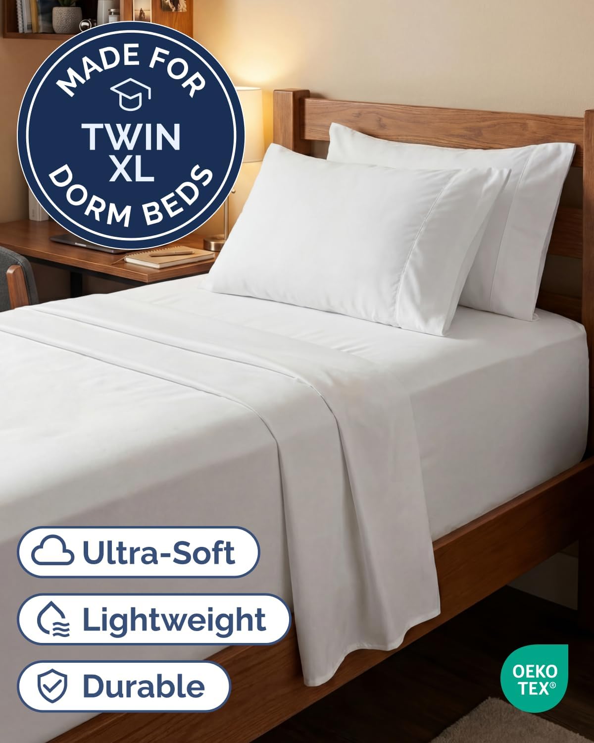 Skiennix Extra Deep Twin XL Sheet Set - 4-Piece Breathable Cooling Bedding - Soft, Wrinkle-Free White