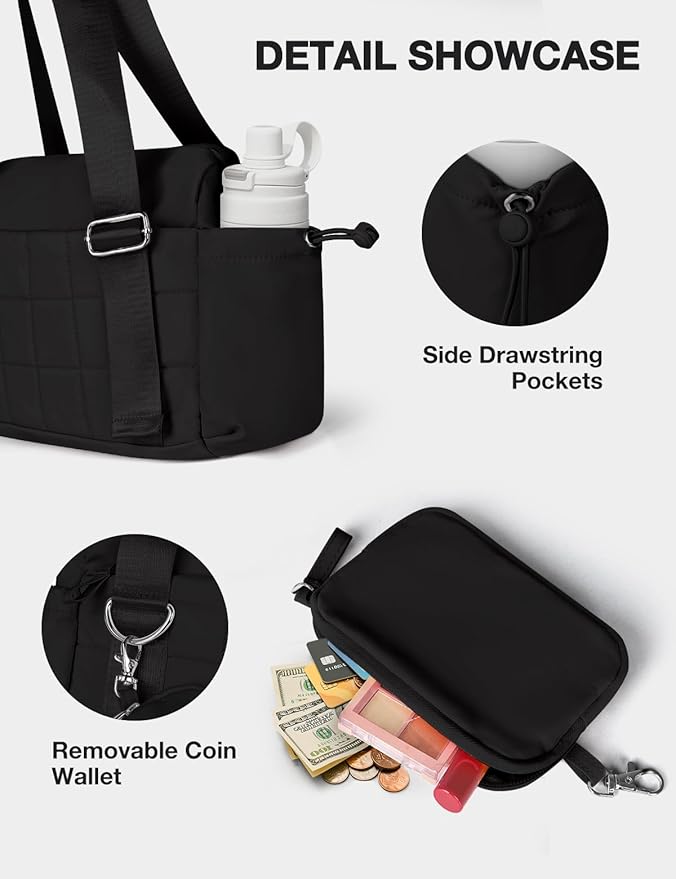 VUUDH Puffy Mini Gym Bag for Women, Carry On Multi-Pocket Water-Resistant Duffel, Lightweight Sports Bag for Fitness, Work, Travel, Daily Commute,Black