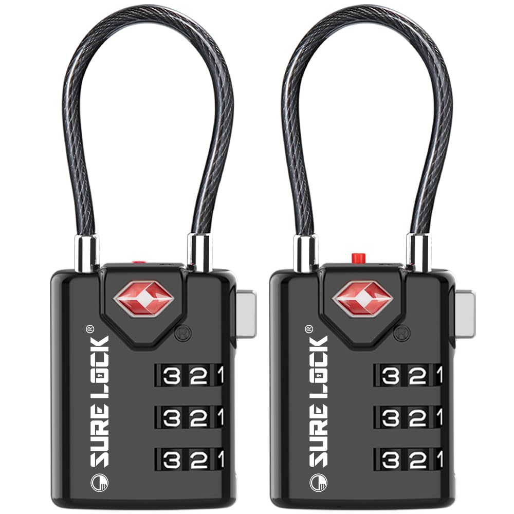 SURE LOCK TSA Approved Luggage Locks with Open Alert Indicator, 3 Digit Combination Cable Travel Lock for Suitcase, Backpack, Gym Locker, Toolbox & Travel Bag, 2 Pack Black