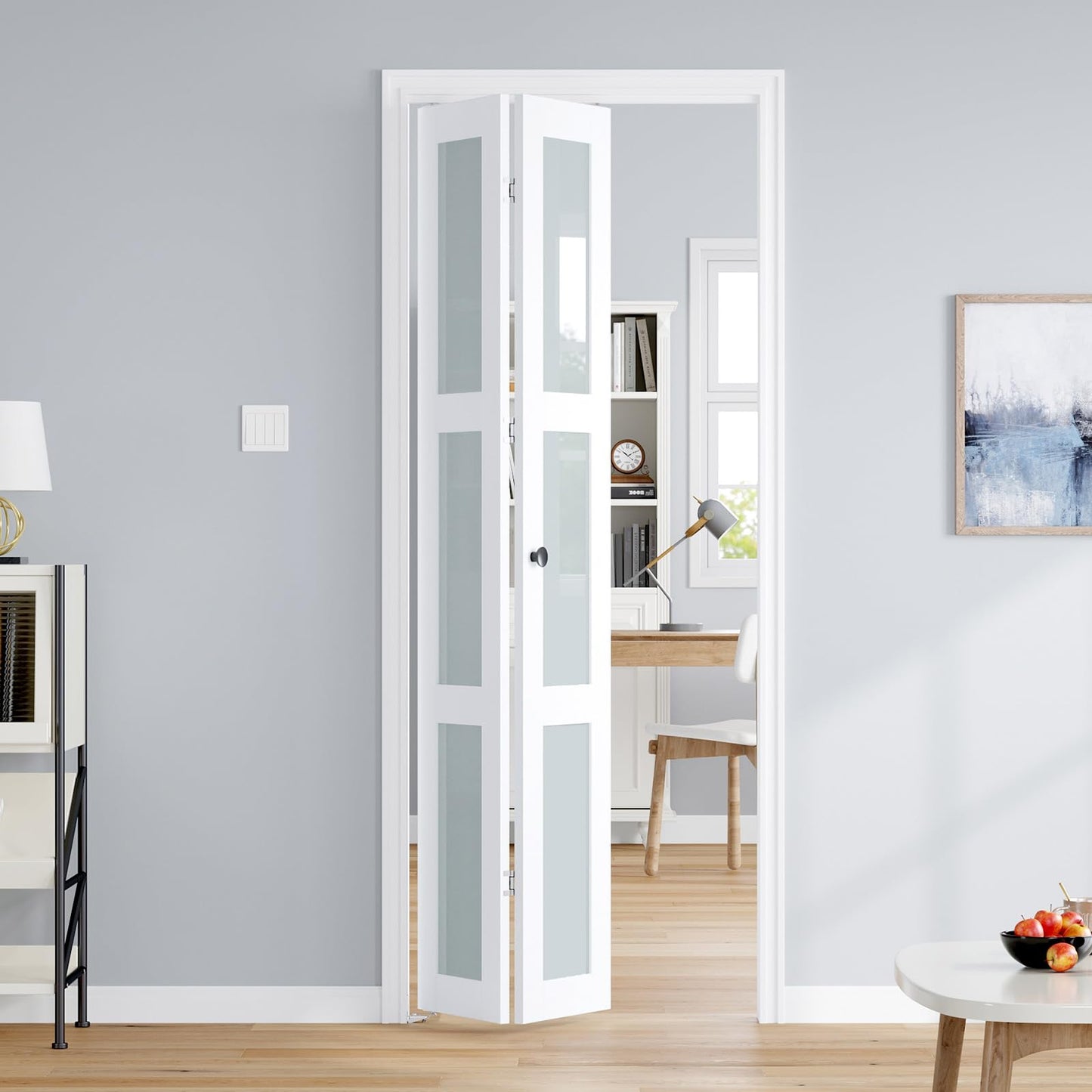 Roymelo Bifold Doors for 28"×80-3/4" Opening, Preassembled White Frosted Glass Folding Barn Door, Sliding Interior Wood Panel Closet Bifolding Door with Concealed Hardware Kit Included