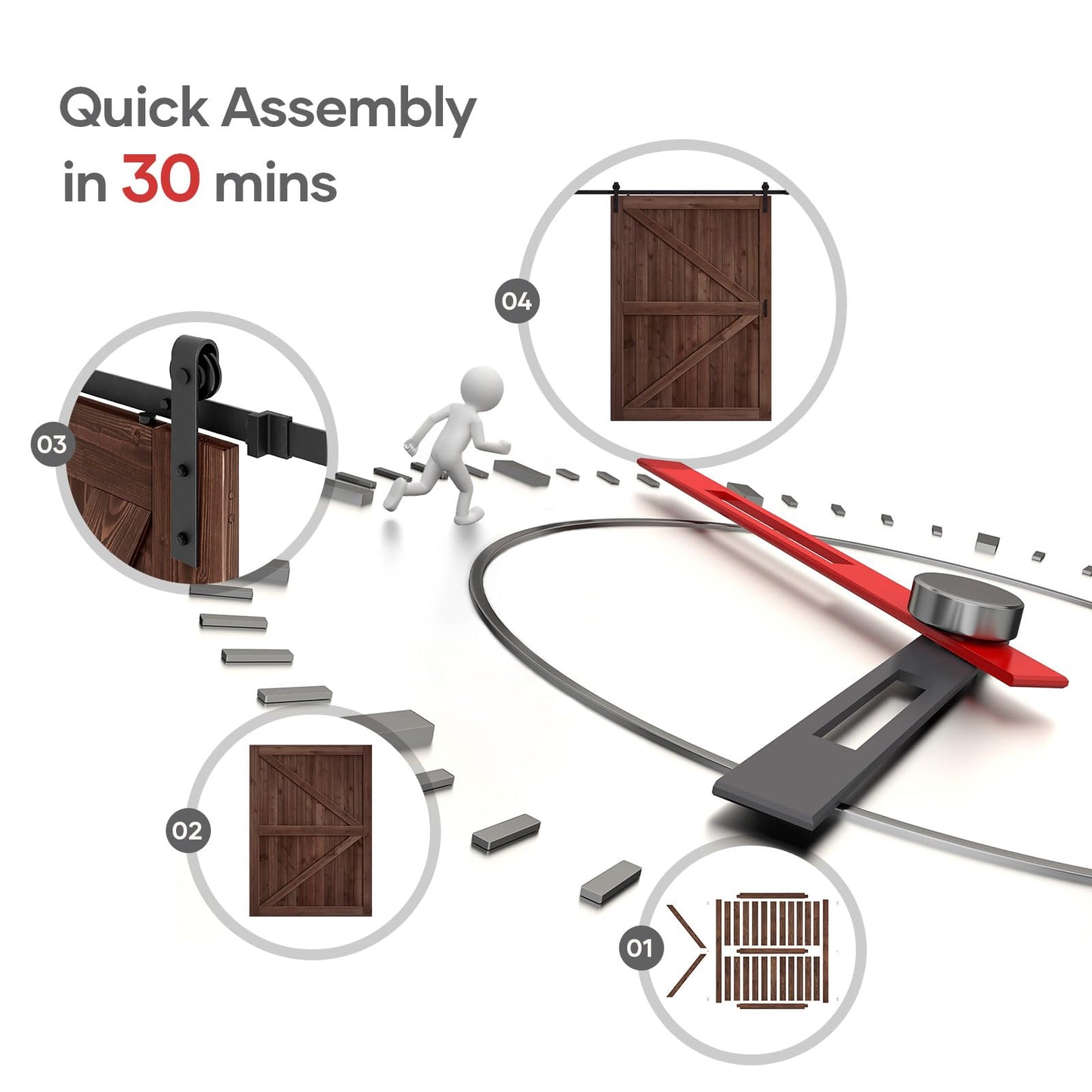 ROYMELO 60x96 inch Sliding Barn Wood Door Slab with 10ft Hardware Kit and Handle, Coffee, K Shape, Simple DIY Assembly