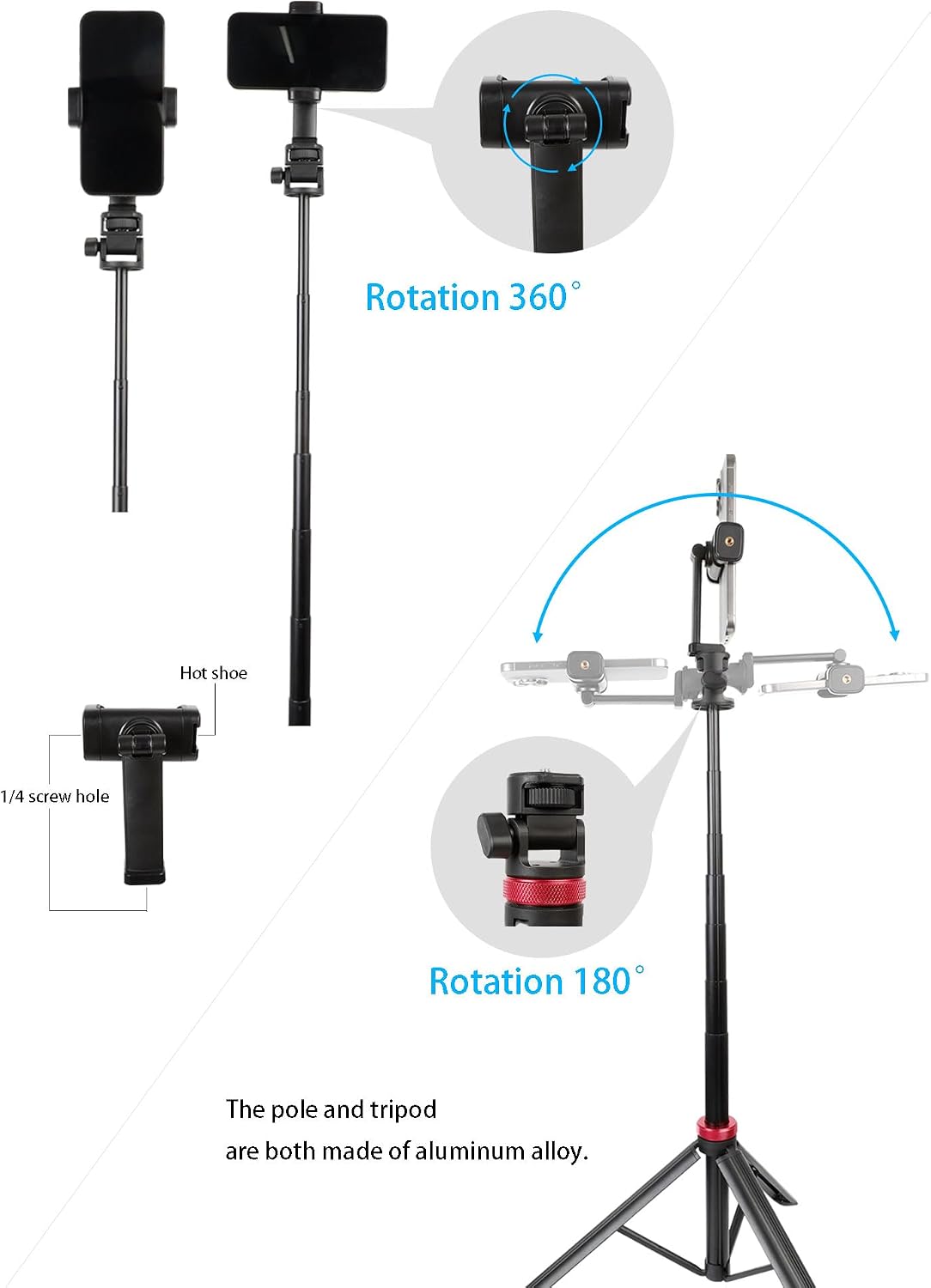 xik 81" 1/4" Expandable Phone Selfie Stick Tripod for Golf Training, Portable Adjustable Light Stand with Screw