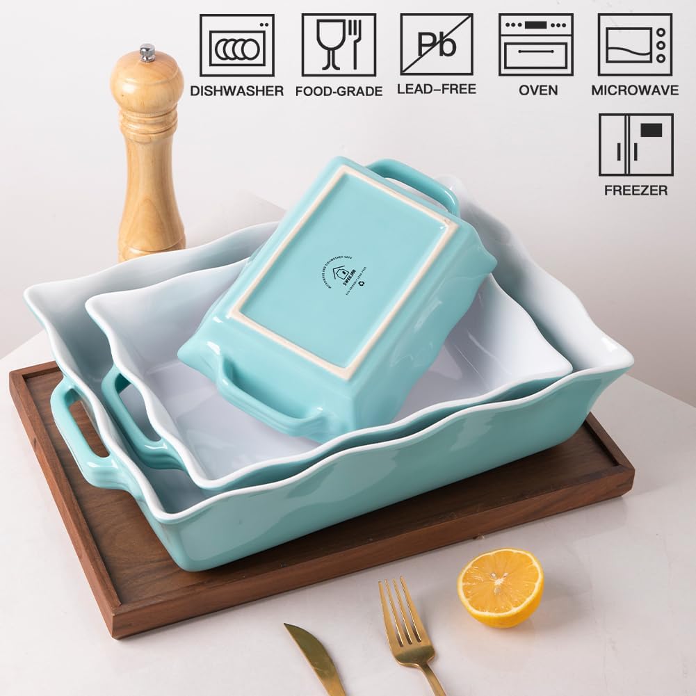 Sweejar Casserole Dishes - Ceramic Bakeware Set of 3 with Handles | Rectangular Wave Edge Lasagna Pan (Turquoise)