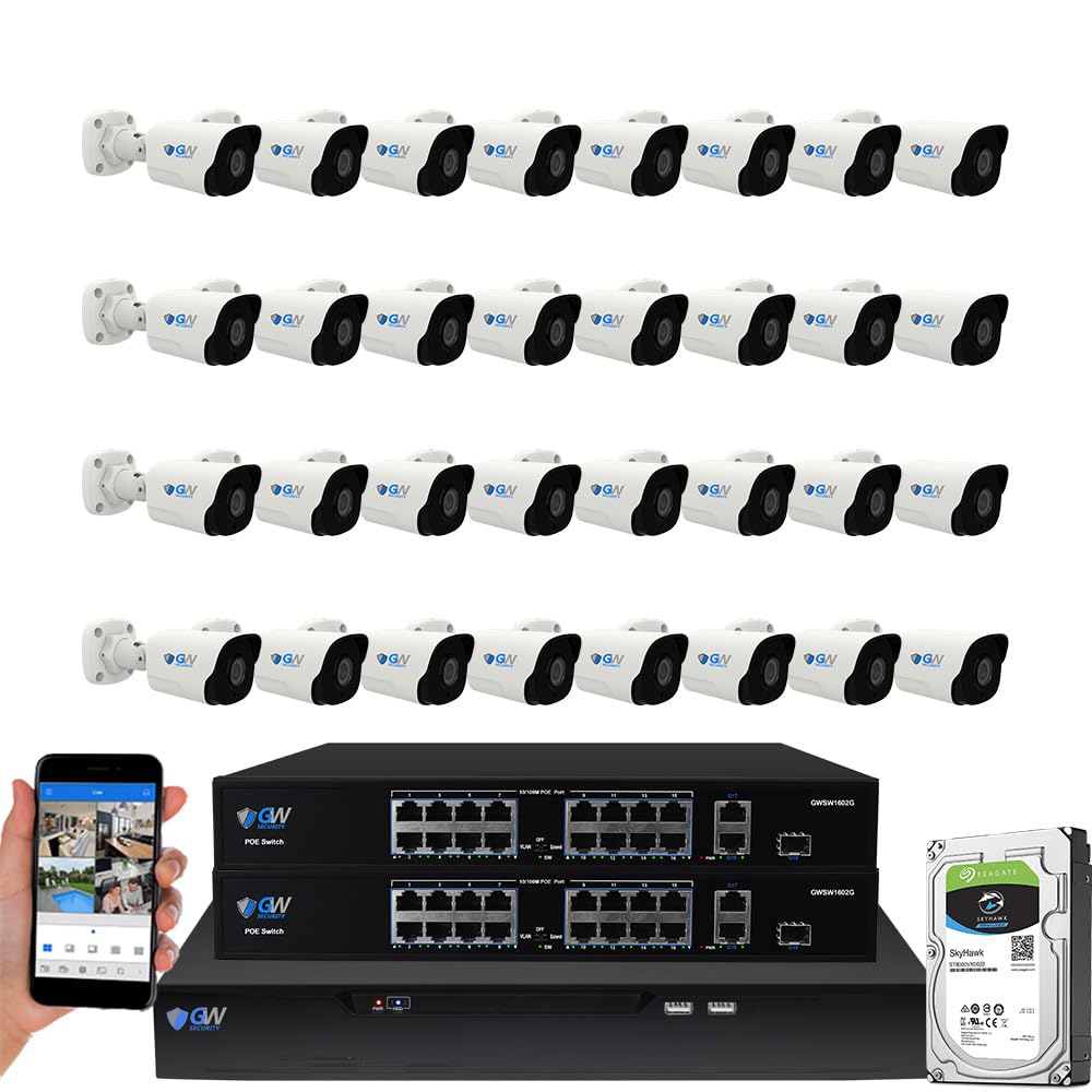GW Security 32 Channel NVR UltraHD 4K Face Recognition NDAA & TAA Compliant Security Camera System with 32 x 8MP @25FPS Outdoor & Indoor PoE Bullet Cameras, 10 Smart AI Functions