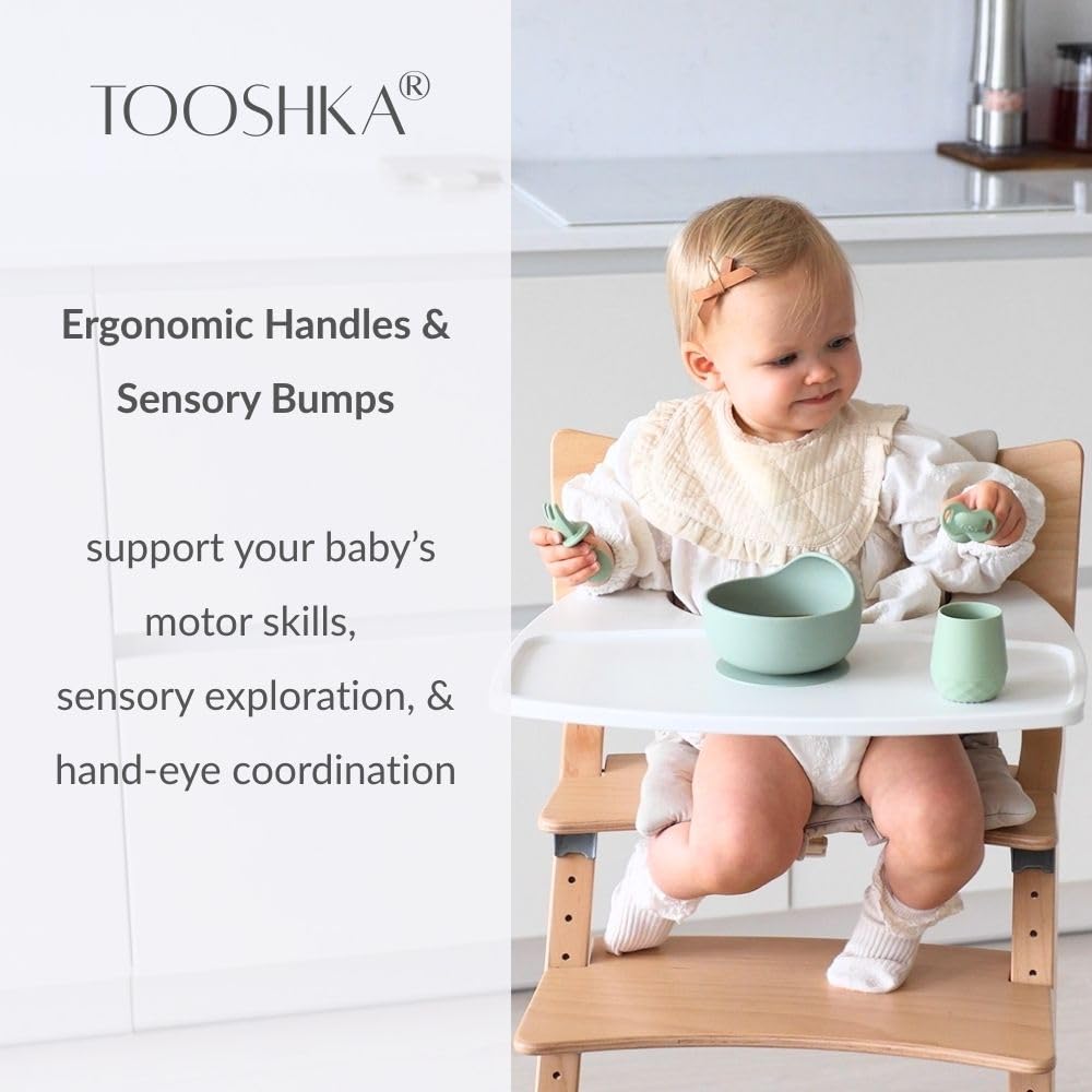 Tooshka® Baby Utensil Set (6 pcs) - Self Feeding Spoons - Silicone & BPA Free - Baby-Led Weaning (BLW) Supplies - Ages 6+ Months - Set of 6 - Brown, Green, & Blue